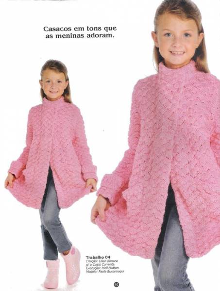 Вязание  розового пальто для девочек 10 лет- крючком .